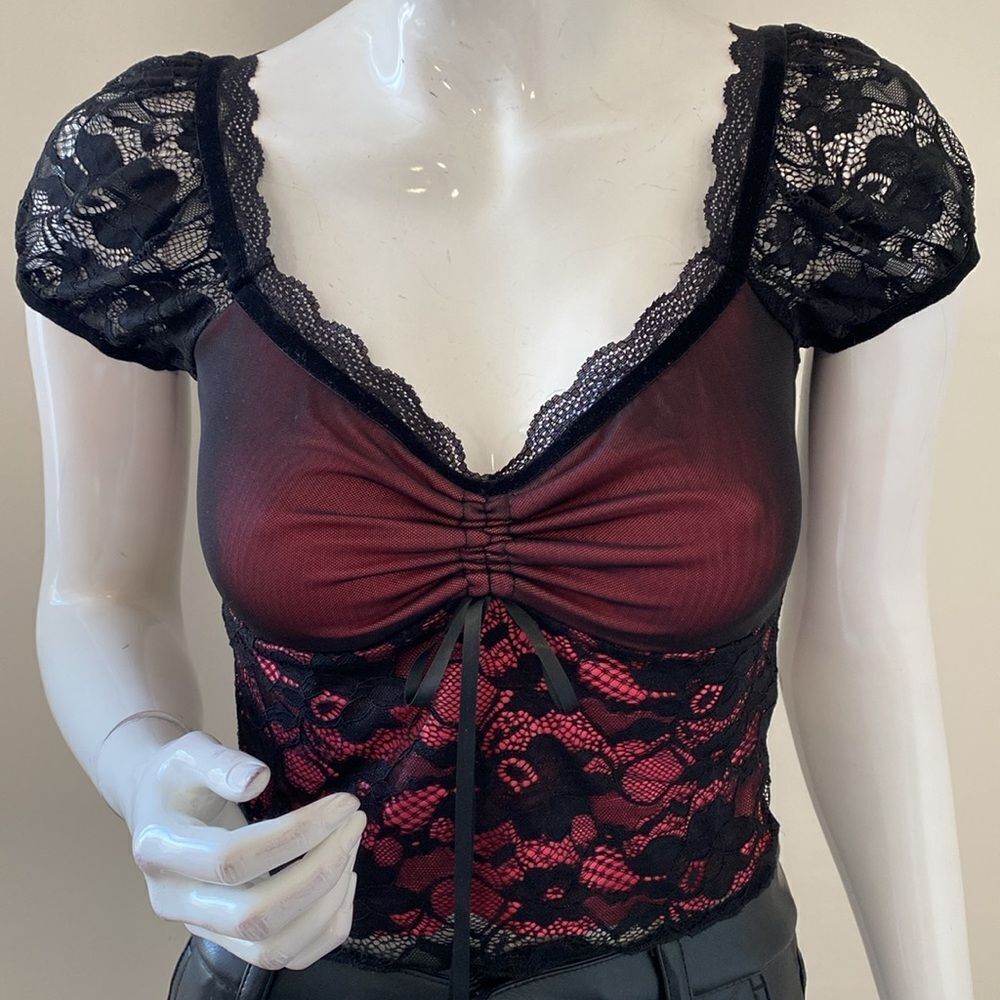 NWOT dELiA*s x Dolls Kill Red & Black Mesh Lace Ruched Cap Sleeve Top Mall Goth